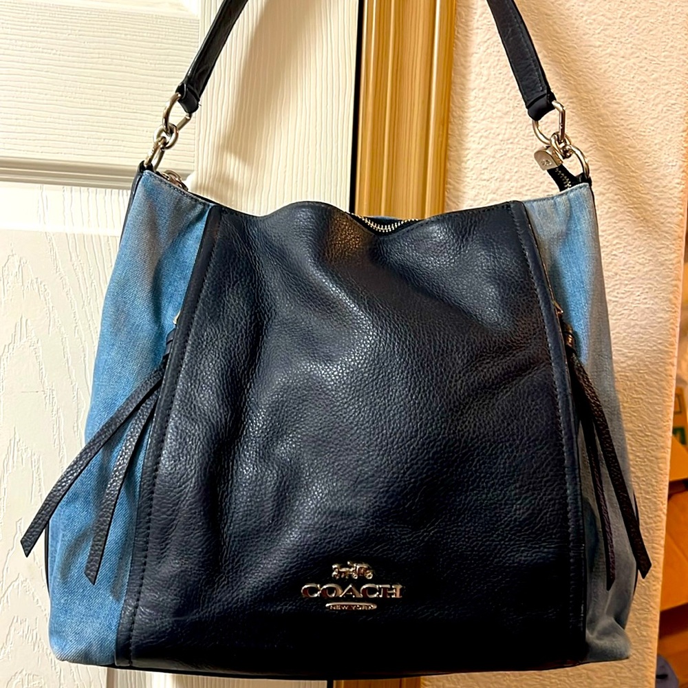 Coach Marlon blue pebbled leather and denim large bag
